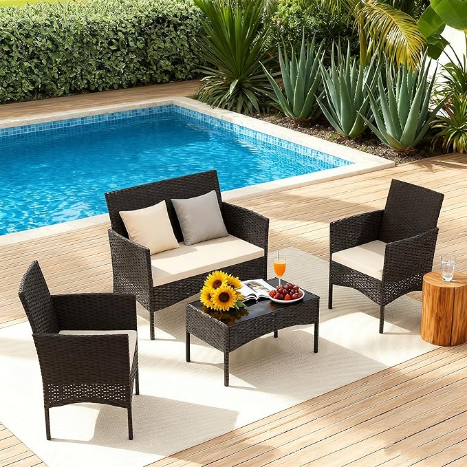Gotland 4 Pieces Patio Furniture Set, Wicker Outdoor Furniture with 2 Chairs 1 Loveseat 1 Glass Coffee Table, Weather-Resistan Patio Set with Cushions, for Backyard Pool Porch Khaki