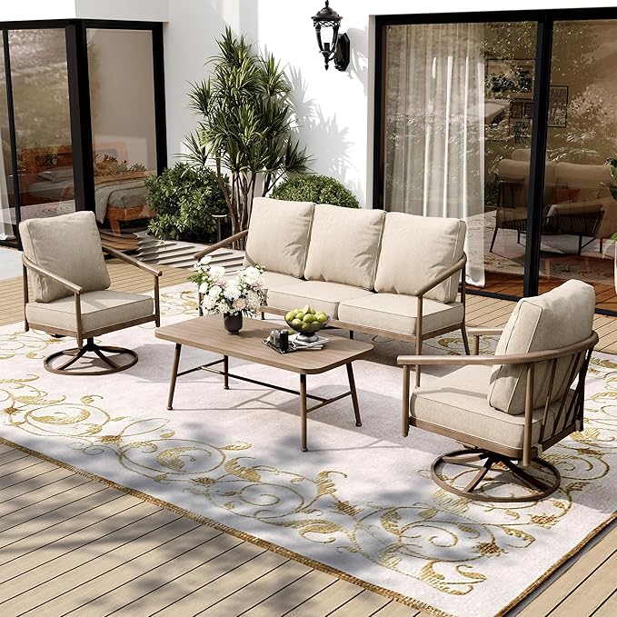 4 Piece Metal Outdoor Patio Furniture Sets, Unique Windsor Style Patio Conversation Sets 1 3-Seater Sofa, 2 Swivel Chair and Coffee Table with 5.75" Thick Cushion, Backyard Furniture