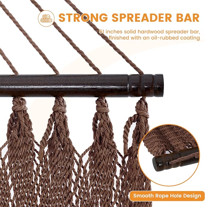 Lazy Daze Hammocks 2 Person Caribbean Rope Hammock with Wood Stand, 10.5FT Polyester Hammock with Spreader Bars, 13FT Heavy Duty Stand Combo, 450 LBS Capacity for Outdoor Backyard Poolside, Browm