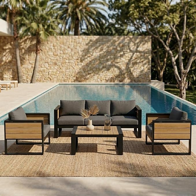 JIVOIT 4-Piece Outdoor Patio Furniture Set for 5 Person, Large Aluminum Frame Conversation Set with 3-Seater Sofa, 2 Armchairs with Fold-Out Side Tables, Modern Garden/Patio Seating, All-Weather Use