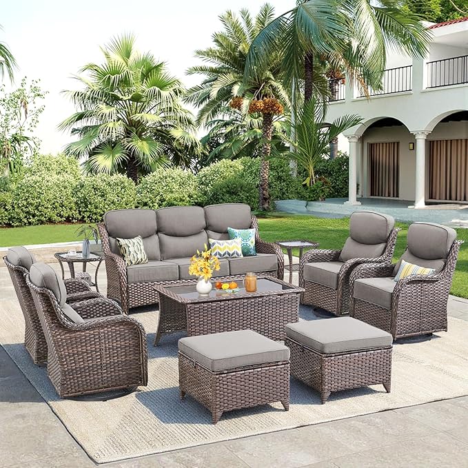 Luxury 10 Pieces Patio Furniture Set, Wicker Swivel Rocker Patio Chairs with 6" Thick Cushion, Outdoor Wicker Sofa with Coffee Table, All Weather Outdoor Conversation for Garden Porch(Brown/Grey)