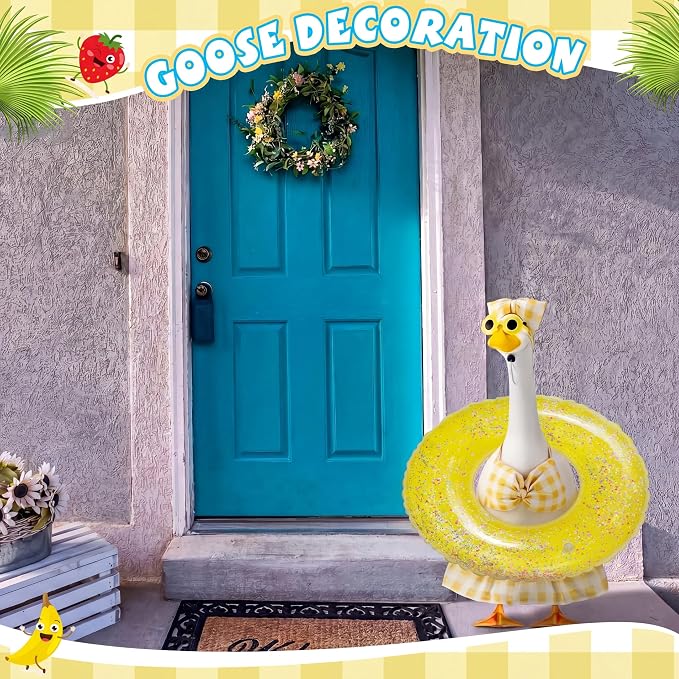 Bikini Porch Goose Outfits with Sunglasses and Swimming Tube for 23" Summer Goose Costume Garden Patio Statue Decor(Yellow Plaid)