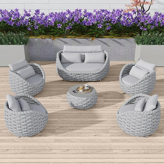 TWT Aluminum Outdoor Patio Furniture Set with Coffee Table, 6 Piece Patio Conversation Sets with Washable Cushions Covers, Patio Sectional Furniture Set for Porch, Balcony, Deck, Yard, Light Grey