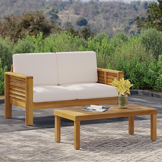 Merax Outdoor Acacia Wood Loveseat and Coffee Table Patio Conversation Set with Cushions for Backyard