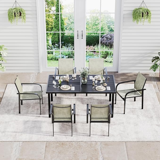 Garvee 7 Piece Patio Dining Set, Outdoor Furniture with 55" Rectangular Iron Table & 6 Textilene Chairs, All Weather Wood-Grain Finish, Suitable for Backyard, Garden, Poolside