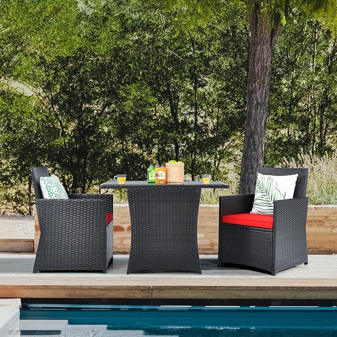 DORTALA Wicker Patio Bistro Set 3 Piece, Outdoor Table and Chairs with Tempered Glass Tabletop, Cushions, Small Rattan Furniture Conversation Sofa Set for Balcony, Porch, Backyard, Deck, Red