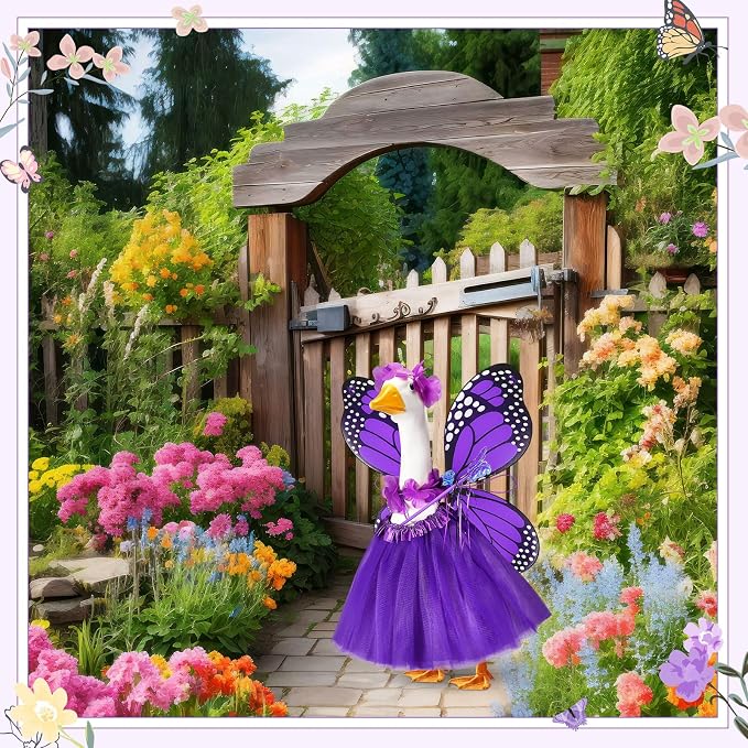 5pcs Butterfly Porch Goose Outfit Costume Tutu Skirt Butterfly Wing Wand Flower Crown for 17‘' 23‘' Cement Goose