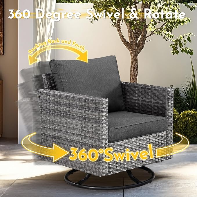 Weaxty 11 Piece Patio Furniture Set with Fire Pit Table, Outdoor Sectional Couch Swivel Rocker Patio Chairs with Coffee Table Wicker Conversation Sets for Balcony Backyard, Black