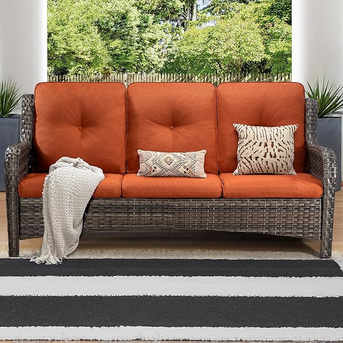 Wicker Patio Furniture Sets 8 Piece Set with 3-Seat Sofa, 2 Swivel Rocking Armchairs, 2 Armchairs, 2 Ottoman and 1 Side Table Wicker Furniture Sectional Conversation Set, Orange