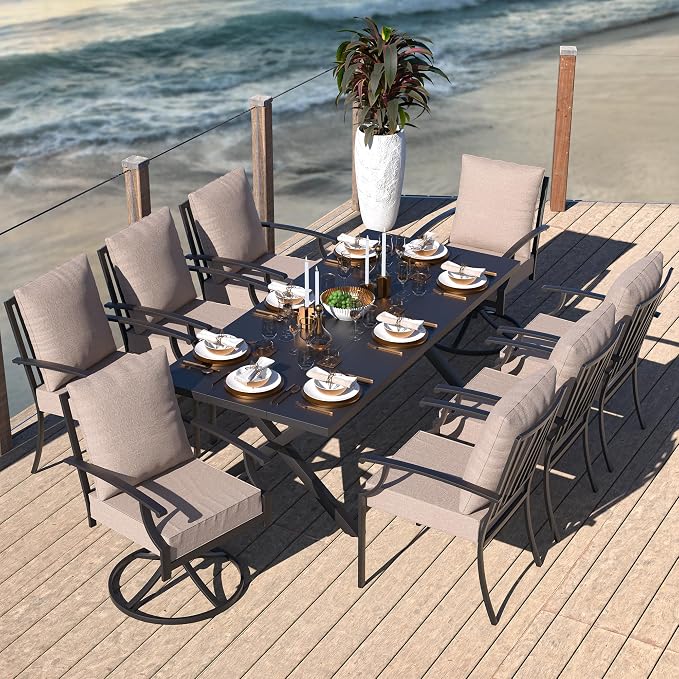 Kullavik 9 Pieces Outdoor Dining Set,Patio Dining Table and Chairs Set for 8,Fence Pattern Back Chairs with Thickened Cushions & Rectangular Metal Dining Table with Umbrella Hole for Patio,Sand