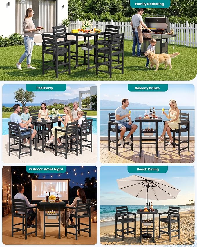 SERWALL Adirondack Bar Chairs and Table 8 Pieces Set, HDPE Bar Height Chairs Set of 2 and Bar Table with Ice Bucket, Outdoor Bar Stools Set for Dining, Balcony, Poolside, Backyard, Black