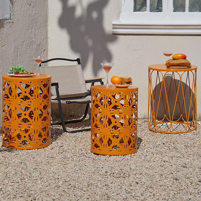 Y&M Set of 3 Metal Round Patio Side Tables, Multifunctional Coffee Table End Table for Indoor & Outdoor Garden Stool Modern Design -Orange