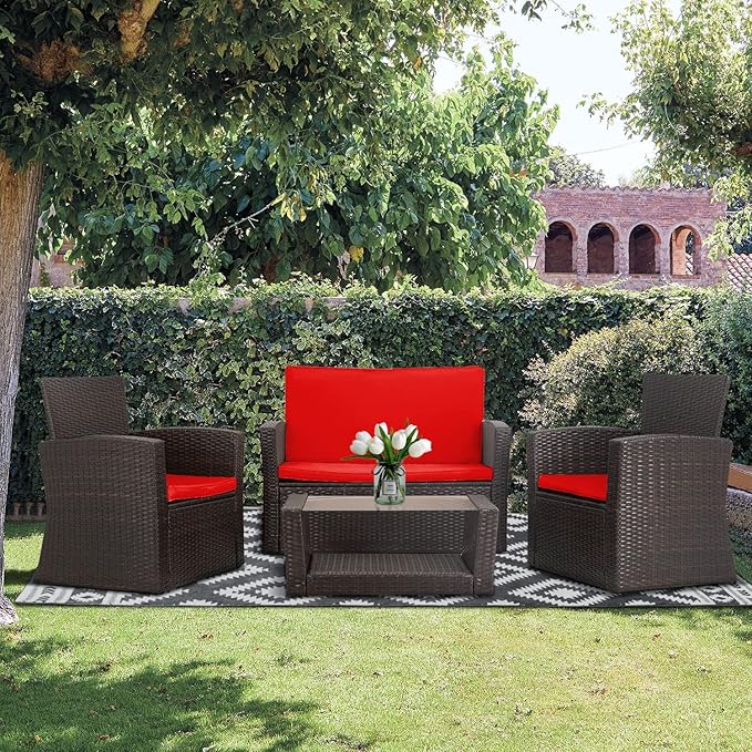 PayLessHere 4 Pieces Patio Conversation Set, Outdoor PE Rattan Wicker Sofa Furniture Set with Soft Cushions and Glass Coffee Table for Backyard Lawn Garden Balcony Porch Poolside,Red
