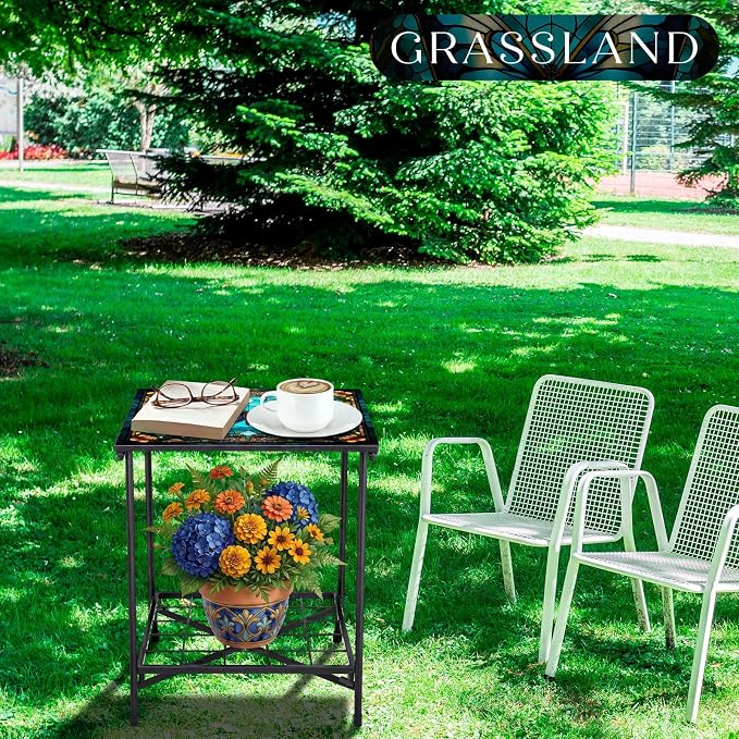 Cinnvoice Outdoor Side Table 2-Tier Storage Square Small Mosaic Patio Accent Indoor End Plant Coffee Tea Table for Yard Patio Porch Garden Living Room, Bedroom(Butterfly Style)