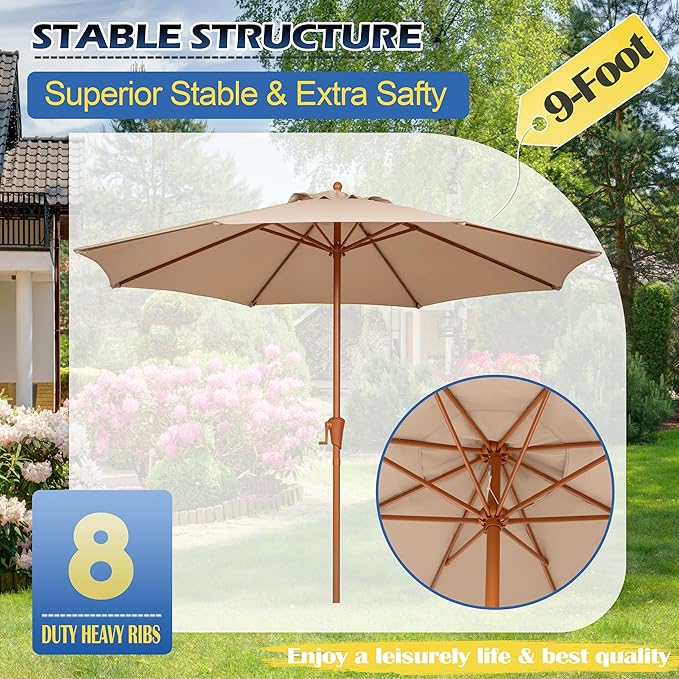 Sunnyglade 9FT Outdoor Patio Umbrella, Market Table Umbrella with 8 Sturdy Ribs and Crank System, Fade-resistant & Waterproof for Garden Backyard Poolside Deck