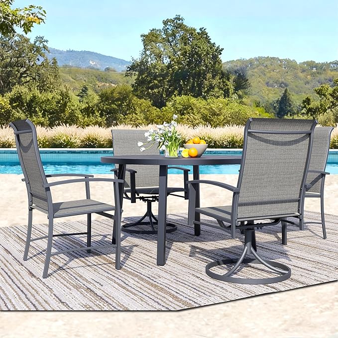 5 Piece Outdoor Patio Dining Set for 4, 42" Black Round Metal Table with 4 Grey Chairs, All-Weather Outdoor Furniture Set for Backyard, Lawn, Deck, or Poolside