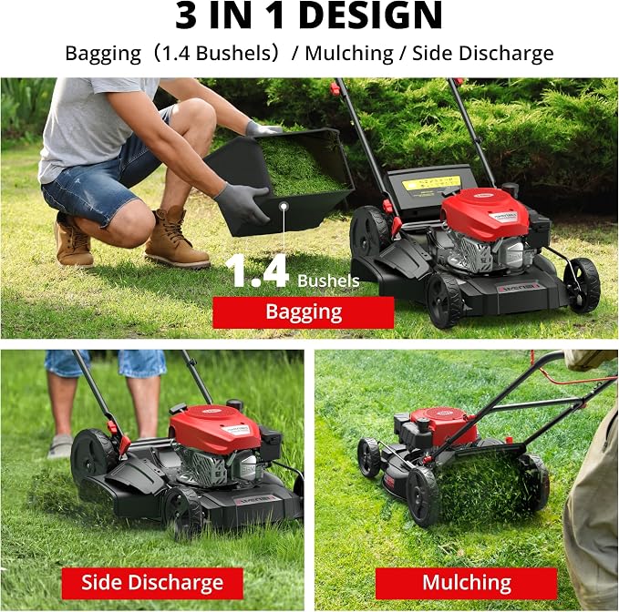 AMERISUN 21-Inch Self-Propelled Gas Lawn Mower for Large Yard, 170cc 4-Stroke Engine, 6-Position Adjustable Cutting Height, 3-in-1 Mulching, Side Discharge & Rear Bag for Garden Landscaping