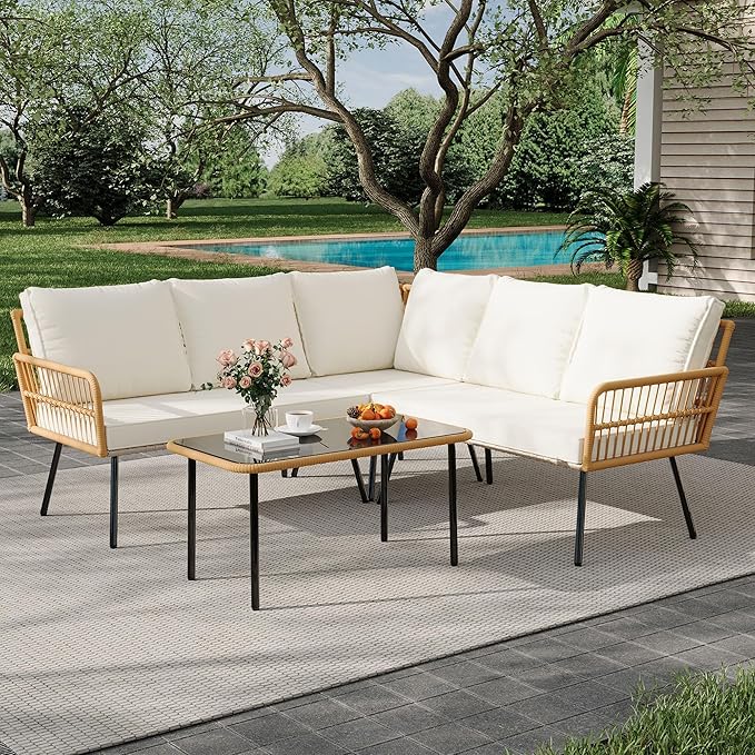 GarveeLife Wicker 4 Pieces Patio Furniture Sets Outdoor Sectional L-Shaped with Cushions & Side Table and Chairs Set, Boho Rattan 5 Seater Conversation Sets for Apartment, Bistro, Backyard,Porch,Beige