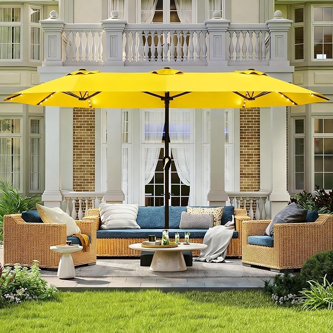 Large Patio Umbrella with Solar Lights and Base, Double-Sided Outdoor Rectangle Umbrella with 48 LED Lights, Market Table Umbrellas with UV Resistant Canopy