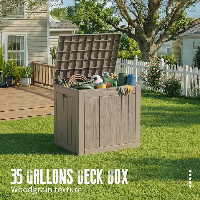 Vixzen 35 Gallon Deck Boxes Outdoor Waterproof, Lockable Resin Storage Box with lid for Furniture Cushions, Weatherproof Containers Outside Storage Boxes for Garden Patio Pool Tools(Black, 35 Gallon)