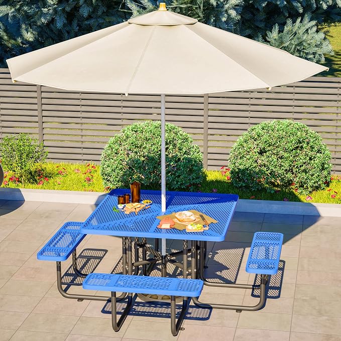 Square Outdoor Metal Coffee Picnic Table for Patio, Backyard, Garden and DIY (Includes 4 Built-in Benches) - Blue