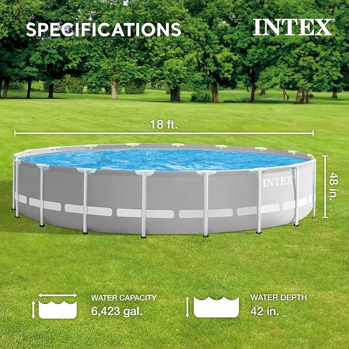 Intex 26731EH 18ft x 48in Outdoor Prism Frame Above Ground Swimming Pool Set with Cover, Ladder, Filter Pump, and 6 Replacement Filters, Gray