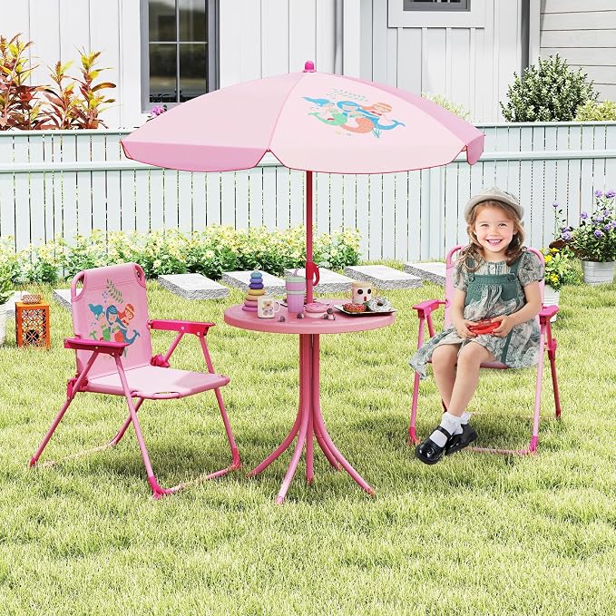 KOTEK Kids Picnic Table with Umbrella, Outdoor Table & 2 Folding Chairs, Cute Pattern Children’s Patio Furniture, Portable Kids Table and Chair Set for Backyard, Garden, Beach (Pink)