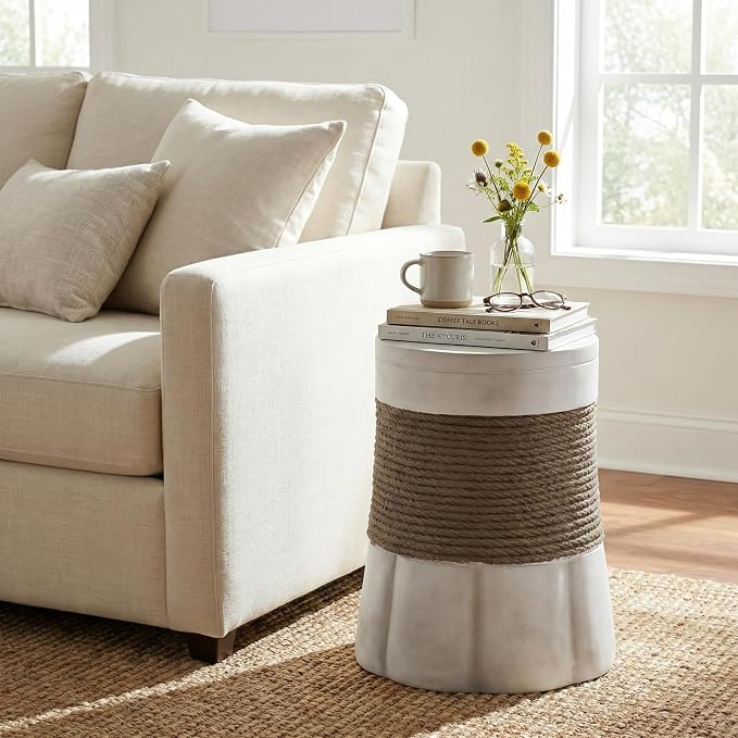 Outdoor Side Table, Woven Rope & MGO, Brown,Gray