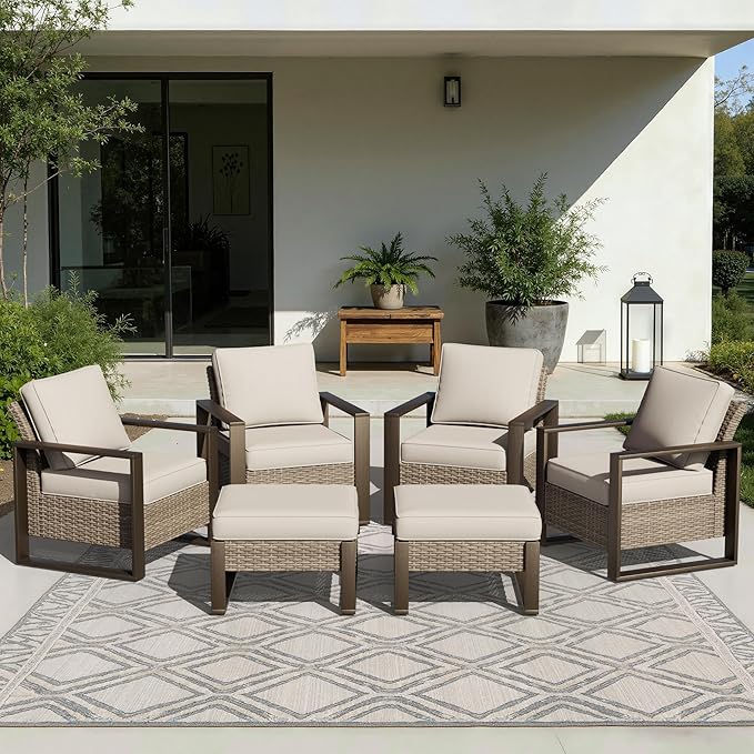 Joyside Outdoor Patio Chairs, 6 Pieces Wicker Rattan Furniture Set, 4 Patio Chairs and 2 Ottoman, Metal Wide Armrest, Thick Cushions and Deep Seating for Garden, Backyard, Porch, Deck