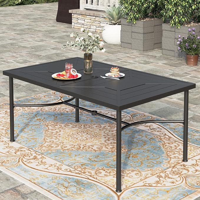 HERA'S HOUSE 64" Outdoor Dining Table with Umbrella Hole, Rectangular Patio Garden Backyard Lawn Table