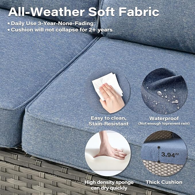 8 Pieces Patio Conversation Sets,Patio Furniture Set with Swivel Rocking Chairs,Coffee Table, Side Table, All Weather Rattan Wicker Outdoor Sectional Furniture Set for Porch Balcony Backyard Blue