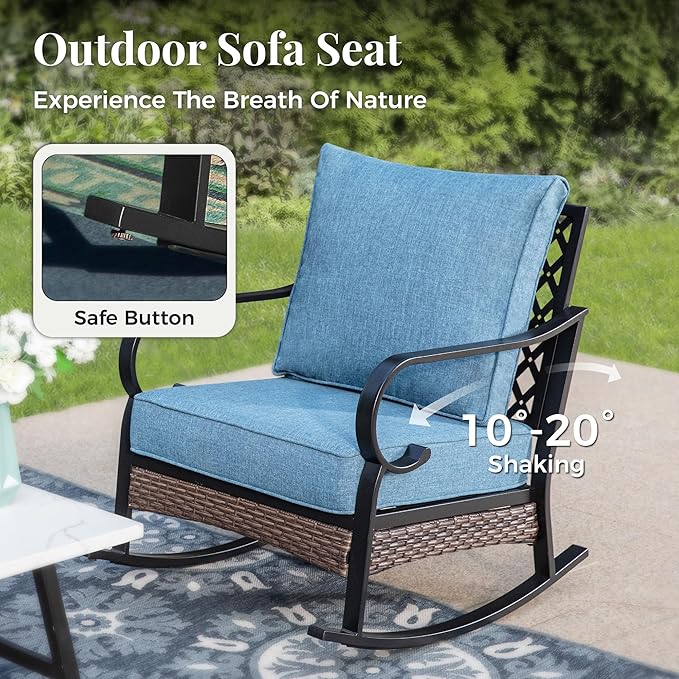 Patio Furniture Set with Fire Pit Table, Metal Outdoor Conversation Set with 5.75'' Extra Thick Cushion, 2 Rocking Chairs, 2 Leg Chairs, 3-Seat Sofa and Gas Fire Pit Table, Navy Blue