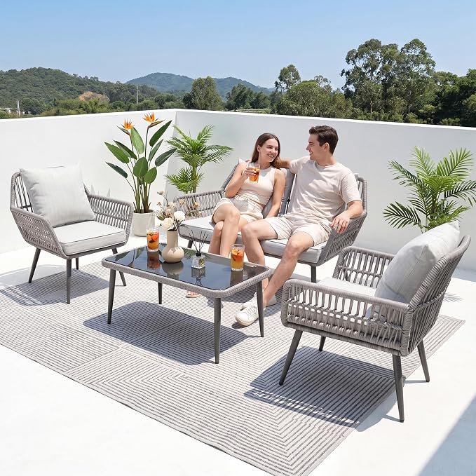 4-Piece Wicker Patio Furniture Set – Outdoor Conversation Set with 2 Armchairs, Loveseat & Tempered Glass Coffee Table, All-Weather Rattan Couch for Backyard, Deck, Balcony, Gray
