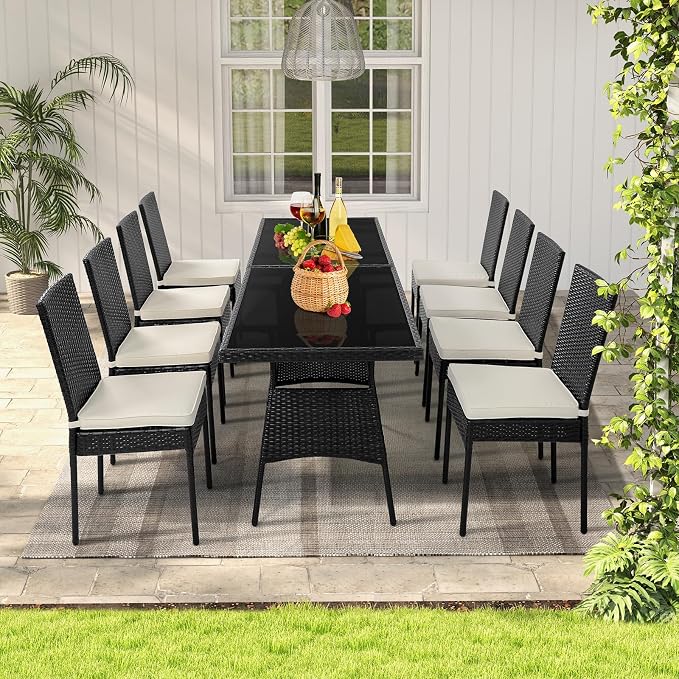 10 Pieces Patio Wicker Dining Set Outdoor Furniture, Outdoor Rattan Table and Chairs with Tempered Glass Table-top & Padded Cushions, Patio Furniture Sets for Backyard, Balcony (Black)