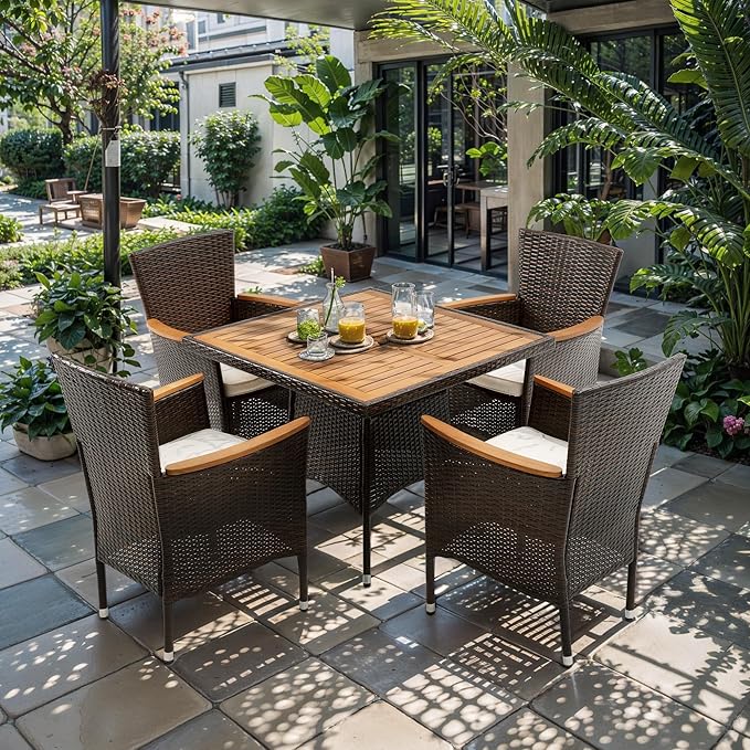 RoyalCraft 5 Piece Patio Wicker Dining Sets for 4, Water-Resistant Rattan Outdoor Dining Table and 4 Chairs with Wood Table Top, Conversation Set Removable Cushions for Deck, Garden, Backyard, Brown