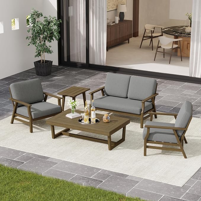 4 Pieces Patio Furniture Sets, Teak Wood Outdoor Sectional Furniture with Coffee Table, 4 Seats Patio Sofa Couch Conversation Set for Backyard Deck - Gray