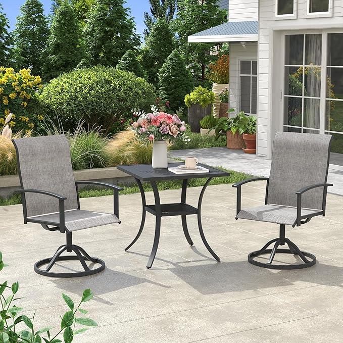 VICLLAX Outdoor Table and Chairs Set for 2, Small Patio Dining Set with 27.5" Metal Square Patio Table & 2 Swivel Outdoor Dining Chairs for Backyard Lawn Porch Garden, Grey & Dark Grey