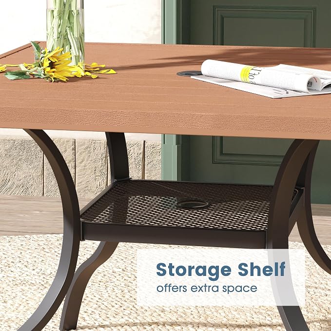 DIFY Outdoor Patio Dining Table for 4, 38.6" Square Patio Table with All-Weather Faux Wood Tabletop and Metal Steel Frame, Outside Table for Garden Porch Backyard, Walnut