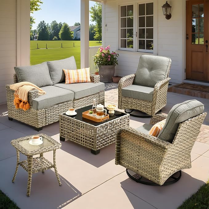 6 Pcs Outdoor Sectional Patio Furniture Set with Swivel Rocking Chair - All Weather Wicker Outside Sectional Couch,Patio Seating Outdoor Conversation Sets for Deck Yard,Dark Grey