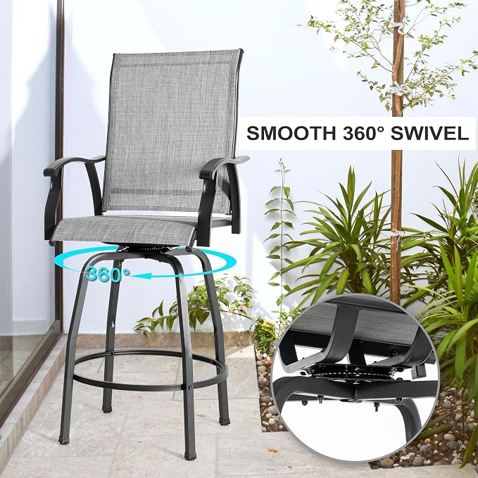 NUU GARDEN 3-Piece Outdoor Swivel Bar Set, All-Weather Textilene High Bistro Stools and 28" Square Bar Table with Slatted Top and Umbrella Hole for Patio Garden Backyard Balcony, Gray and Black
