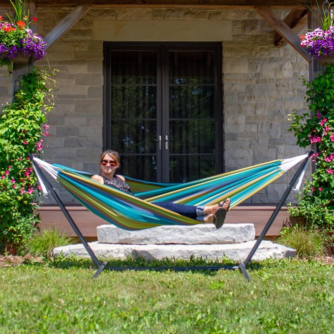 Vivere Brazilian Style Sunbrella Outdoor Double Hammock with Steel Stand, Lagoon