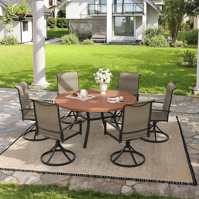 VICLLAX 7 Pieces Outdoor Dining Set, Patio Furniture Set Includes 47" Round Metal Table W/ 1.9" Umbrella Hole and 6 Padded Textilene Swivel Chairs for Porch, Lawn, Garden, Backyard