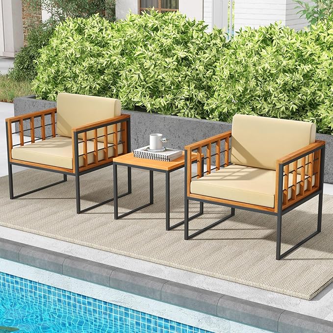 Tangkula 3 Pieces Patio Chair Set, Acacia Wood Outdoor Sofa Set with Metal Support, Soft Seat & Back Cushions Included, Cushioned Bistro Set for Balcony, Porch, Backyard (Beige)