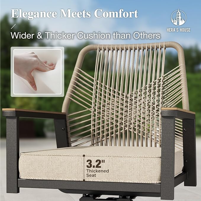 HERA'S HOUSE 9pc Patio Dining Set, 57.5" Metal Table & Swivel Rattan Chairs | Square table with umbrella hole, 8 cushioned chairs. Waterproof, rust-resistant, all-weather for backyard, porch.