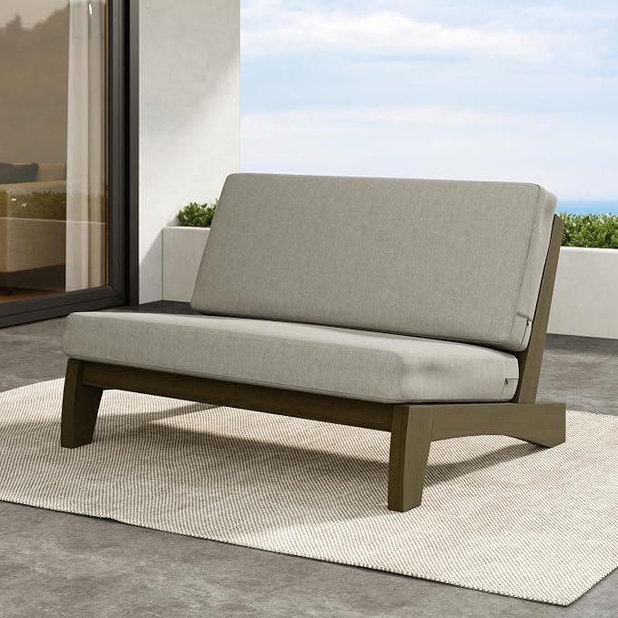 Outdoor Furniture Patio Couch, Weather Resistant Patio Loveseat Sofa Couch with Removable Cushion, Teak Wood Frame for Porch & Backyard Seating - Light Camel