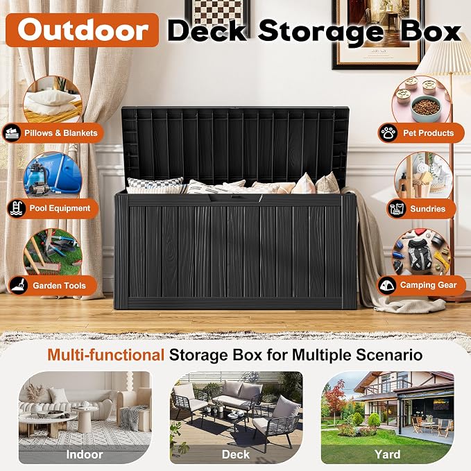 Outdoor Storage Box, Resin Deck Boxes Indoor and outdoor, Waterproof Storage Box Lockable Lid (Black, 80 Gallon)