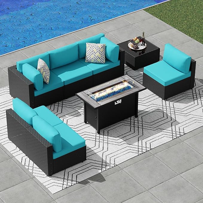 JAMFLY 8 Piece Outdoor Patio Furniture Set with Propane Fire Pit Table, All-Weather PE Wicker Rattan Sectional Sofa Set with Thick Cushions for Backyard, Garden, Poolside(Blue, Black)
