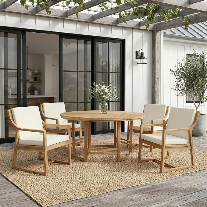 WILLIAMSPACE 5-Piece Acacia Wood Round Outdoor Patio Dining Set with 4 Chair, Light Teak