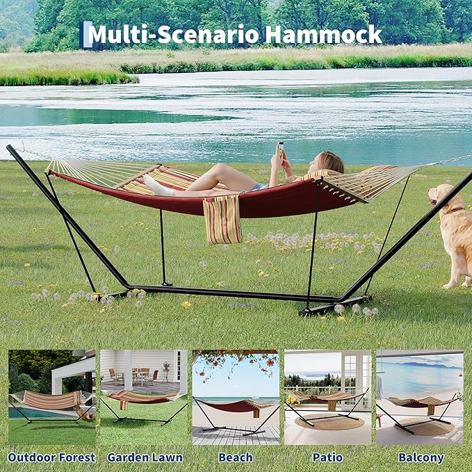 2 Person Double Hammock with Adjustable Steel Stand & Pillow, Heavy Duty Portable Outdoor Hammock Set, MAX 450 LBS Weight Capacity for Patio, Garden, Beach, Backyard