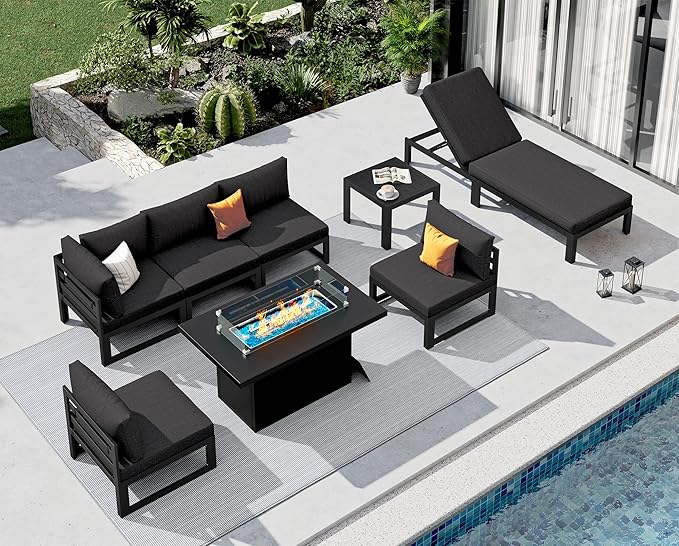NICESOUL 8 Pcs Extra Large Contemporary Aluminum Outdoor Furniture Set with Lounger & Fire Pit Table, 29" Deep Wide Couch Set, 500 lbs Heavy Duty Comfortable Patio Sectional Sofa for Poolside, Black
